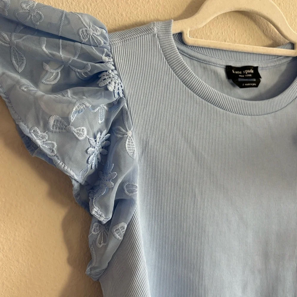 NWOT Kate Spade Mix Media Lace Tee Top Fresh Women’s Small Breeze Blue Ribbed